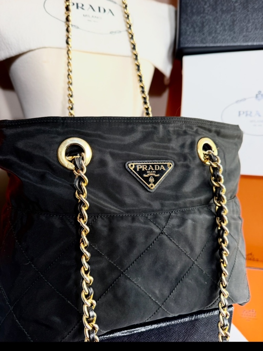 Prada Black Quilted Nylon Shoulder Bag with Gold Chain Handles. 🌟Open to Offers